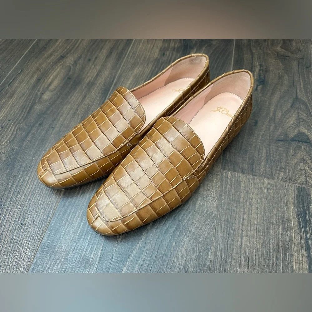 J. Crew Croc Embossed Leather Smoking Slipper Loafer Dark Cedar Size 8